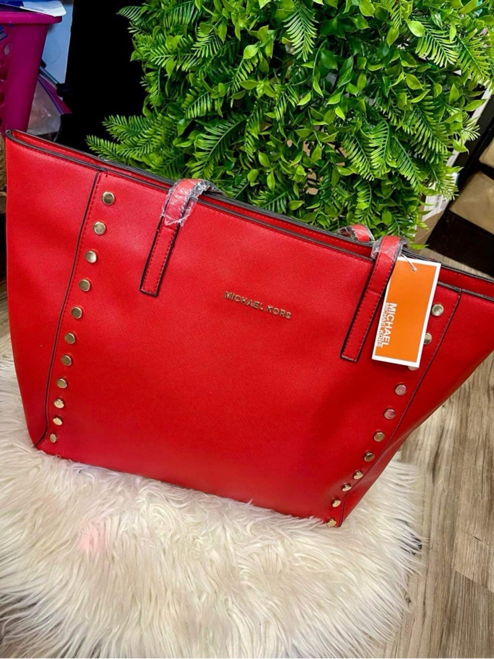 Red Saffiano Tote with Gold Stud Accents